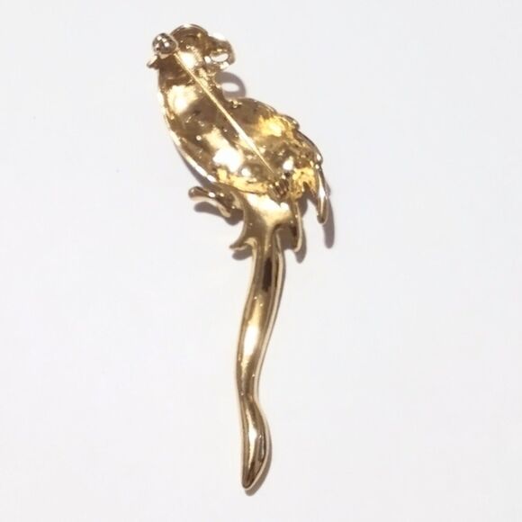 Vintage Gold Tone Red Green Enamel and Pave Rhinestone Tropical Bird Brooch - Picture 6 of 6